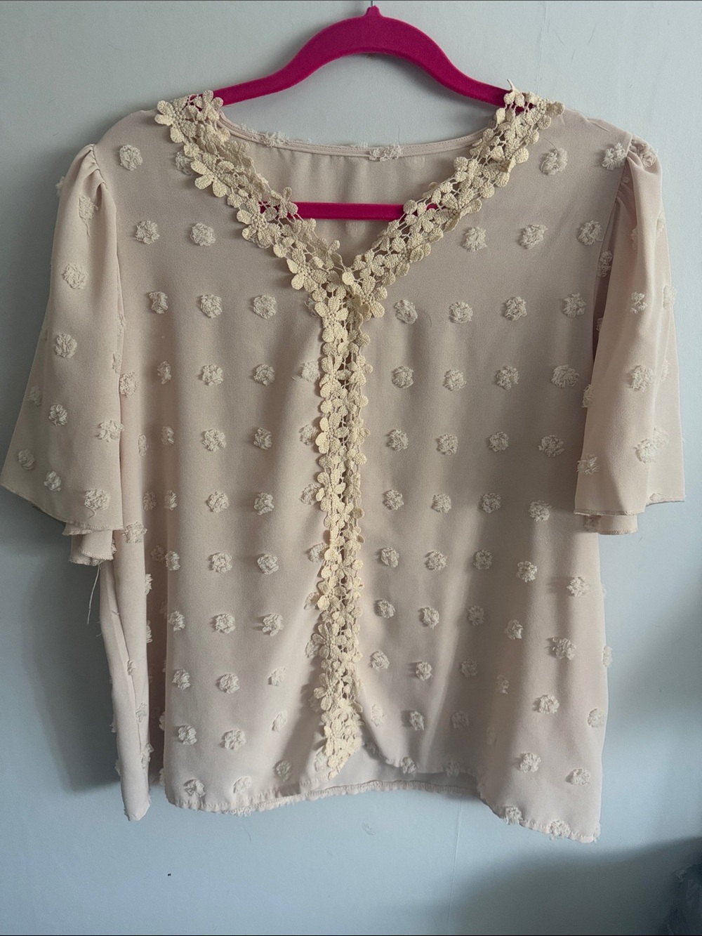 SHEIN Cream Floral Crochet-Trim Short Sleeve Blouse